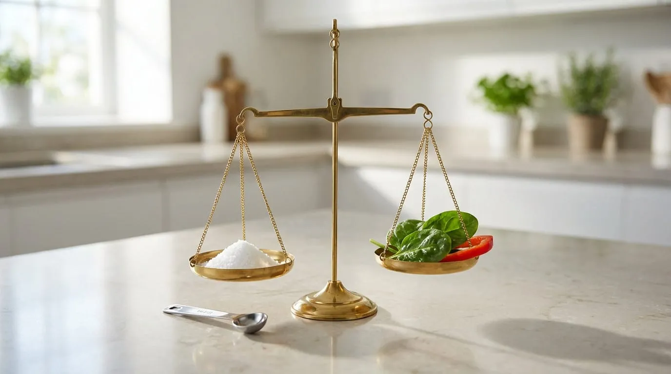 A brass balance scale shows a pile of white salt on one pan and fresh spinach and red bell pepper on the other. A measuring spoon rests on the clean kitchen counter.