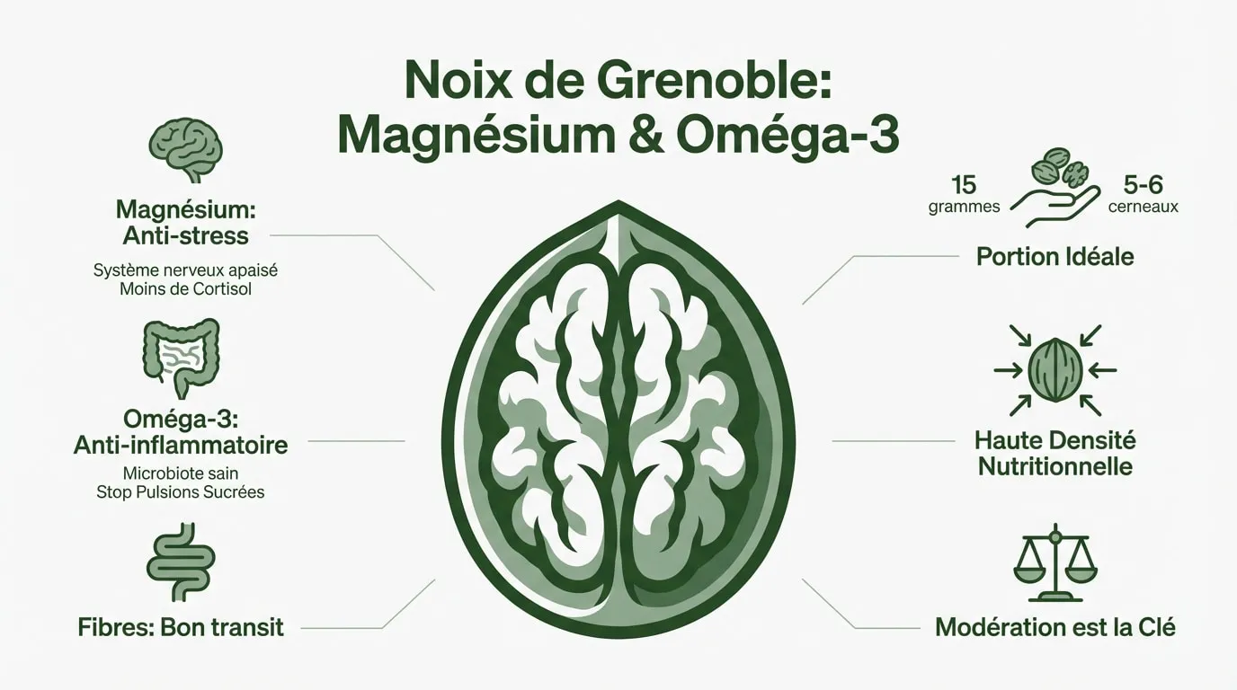 Noix de Grenoble riches en magnésium et oméga-3 pour une collation saine