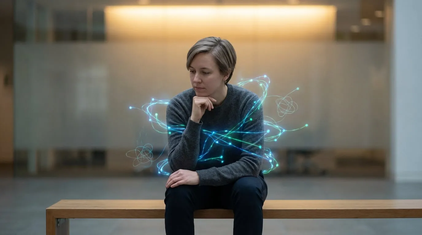 Gender-neutral person in thoughtful pose, surrounded by glowing blue/green metabolic pathways, some tangled. Golden light suggests healing.