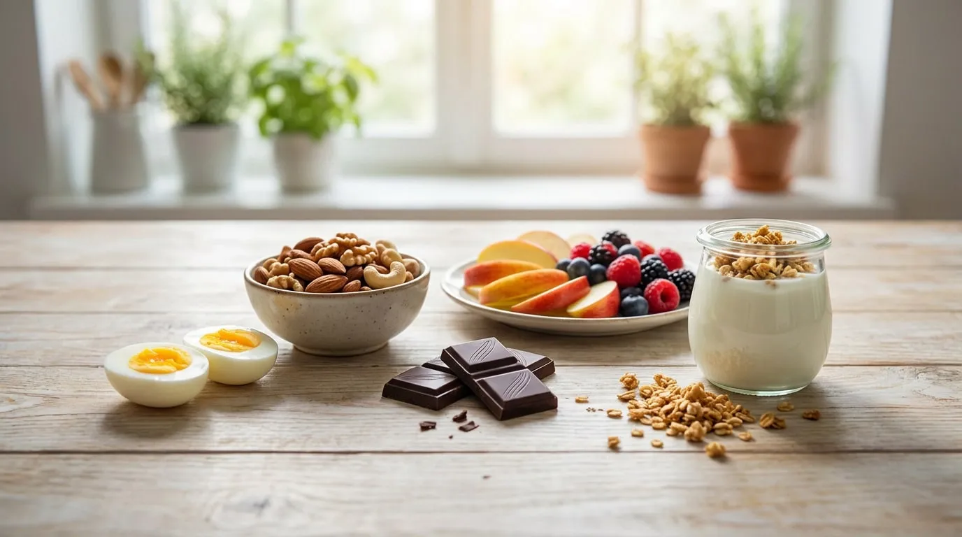 Assortiment de collations saines sur une table en bois : œuf dur, noix, chocolat noir, fruits rouges, pomme, yaourt et granola.