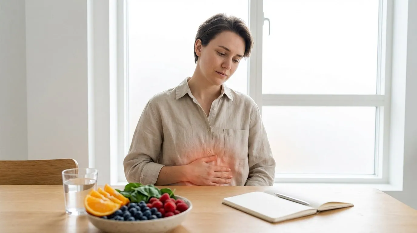 Une femme tient son ventre douloureux, mis en évidence par une lueur rouge, à côté d'un bol de fruits et légumes. Contexte d'inflammation.