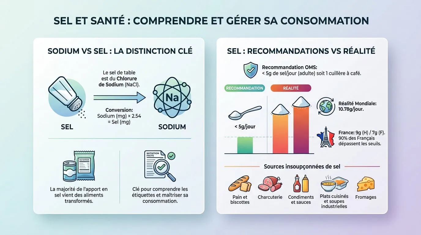 Illustration montrant la différence entre sel et sodium et des aliments riches en sel sur une table