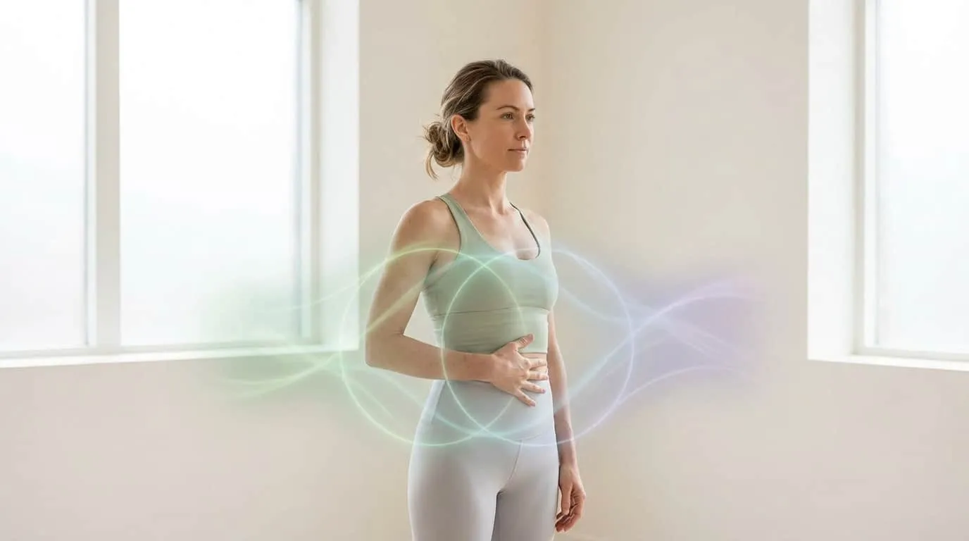 A serene woman in athletic wear with hand on abdomen, surrounded by glowing green, blue, lavender abstract lines symbolizing balance in a bright studio.