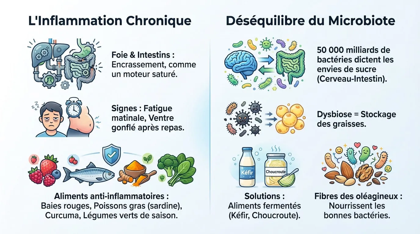 Illustration des obstacles physiologiques à la perte de poids : inflammation et microbiote