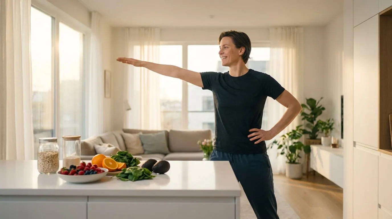 Femme en tenue de sport faisant de l'exercice à la maison. Un comptoir avec fruits frais, légumes et céréales, symboles d'une vie saine.