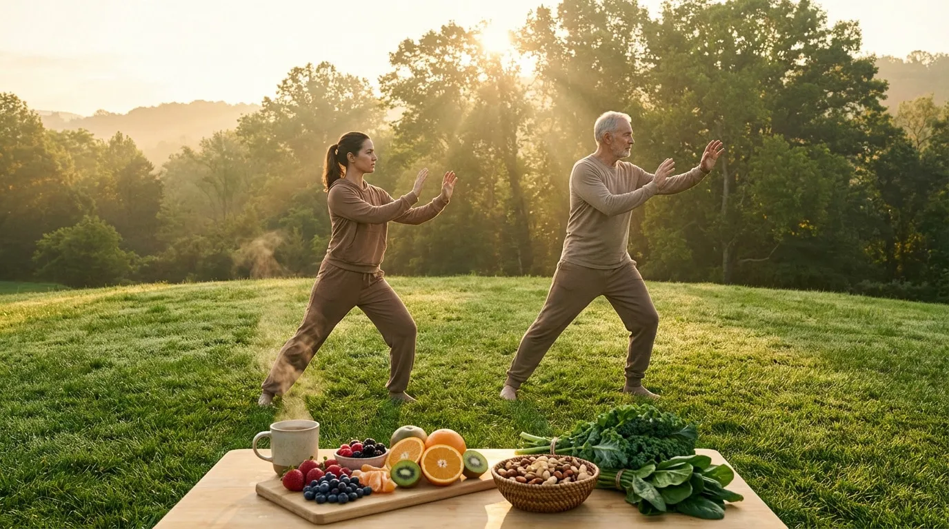 Un couple pratique le Tai Chi au lever du soleil. Au premier plan, une table garnie d'aliments sains pour la santé des os.