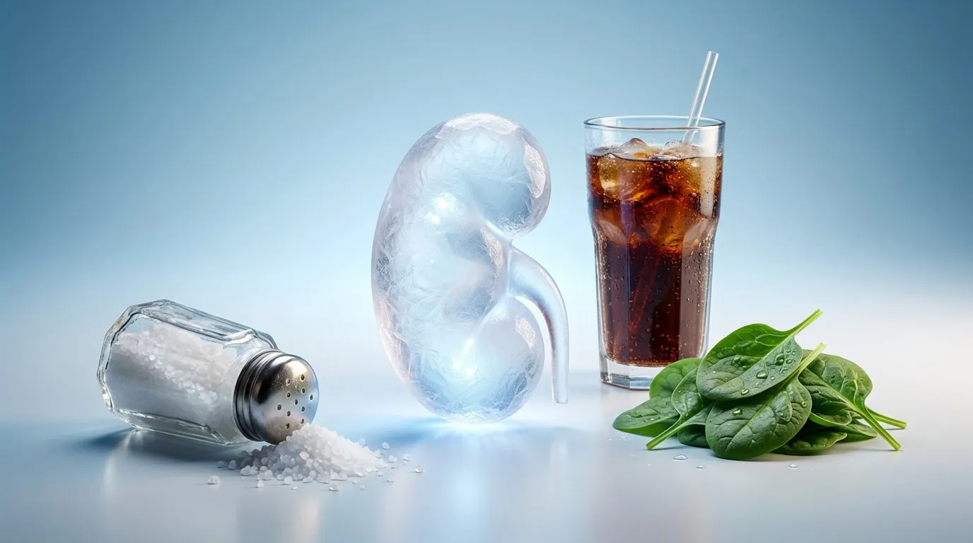 Image conceptuelle d'un rein transparent avec du sel renversé, un verre de cola et des épinards, illustrant l'impact alimentaire sur la santé rénale.