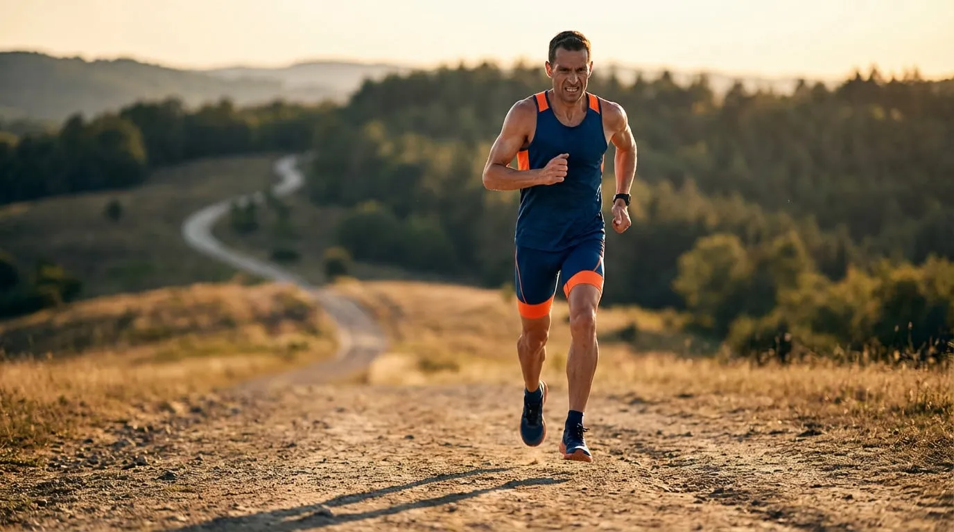A fit male athlete in blue and orange activewear runs intensely on a dirt trail during golden hour, with blurred hills and forest.