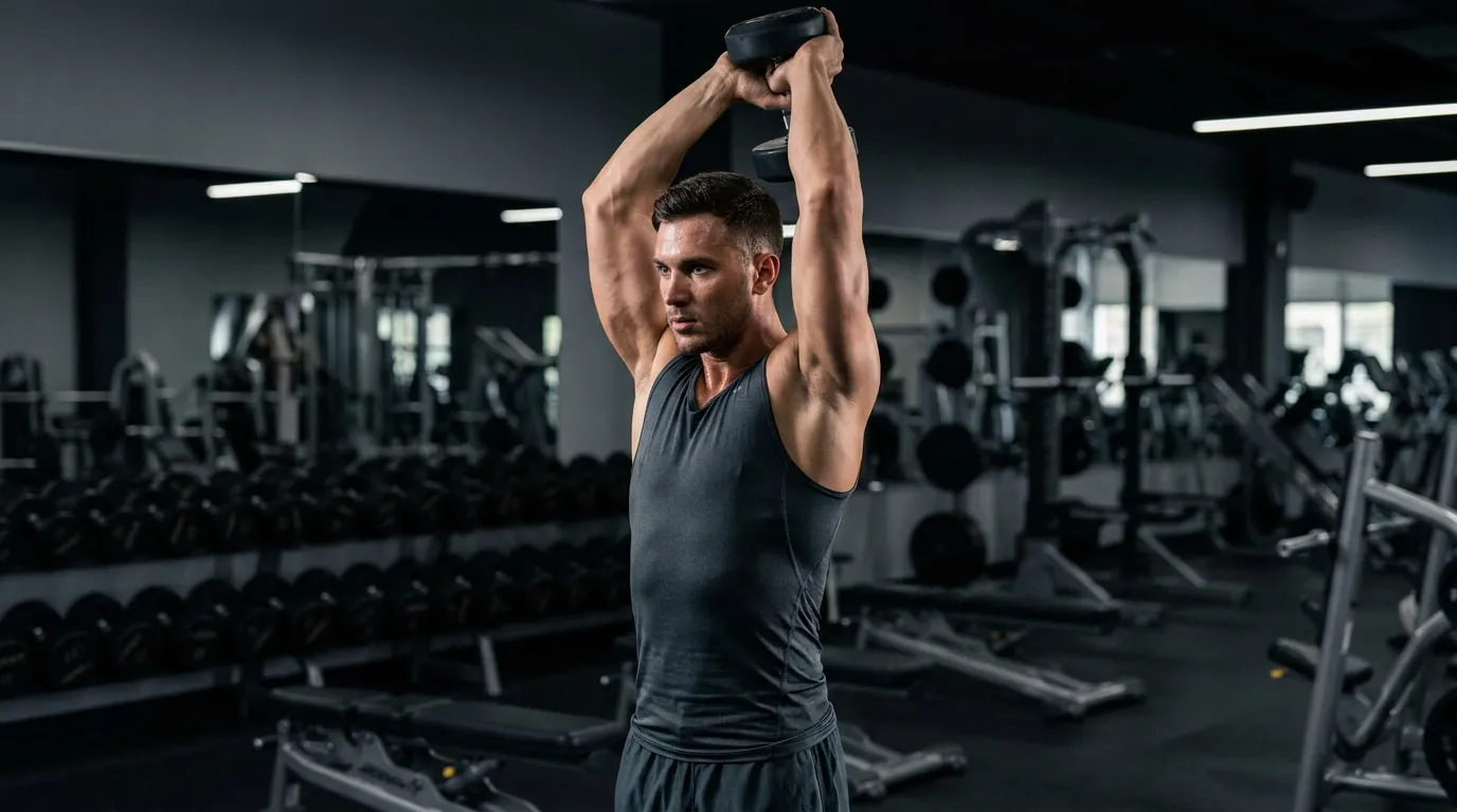 Athlète masculin réalisant une extension triceps avec haltère en salle de sport.