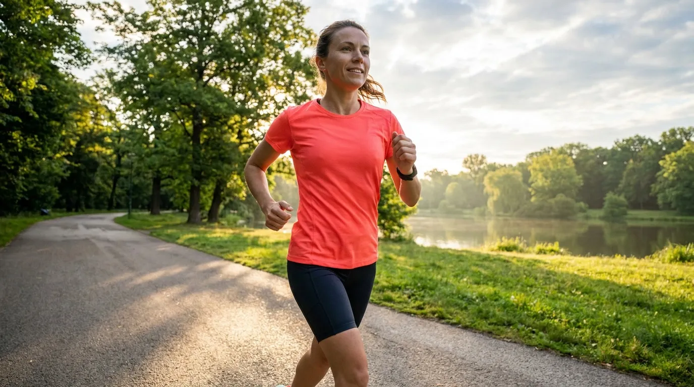 Une femme souriante court sur un sentier en forêt au bord d'un lac, vêtue d'un t-shirt corail et d'un short de sport.