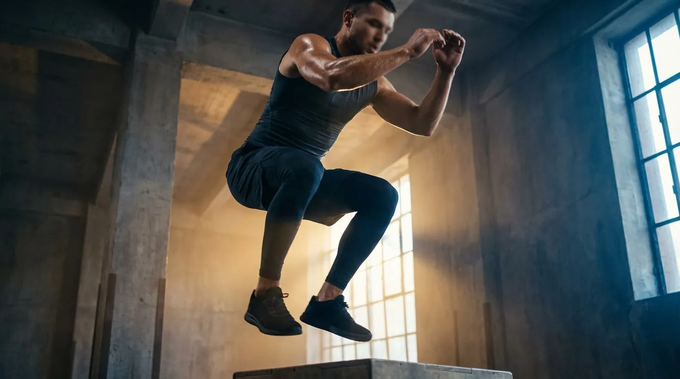 Homme musclé en sueur, effectuant un saut pliométrique sur une boîte dans une salle de sport industrielle, bras pliés, jambes en l'air.