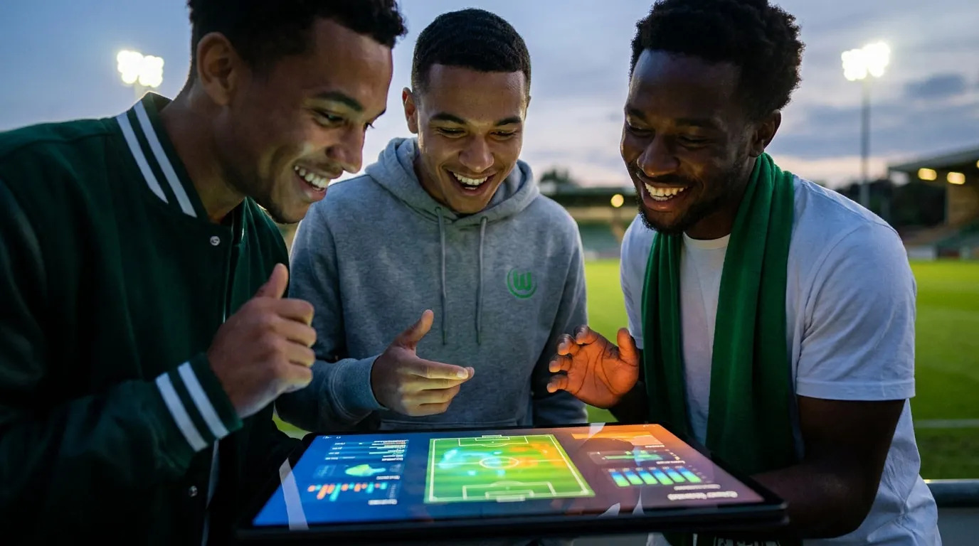 Trois jeunes hommes souriants regardent une tablette affichant des statistiques de football dans un stade le soir.