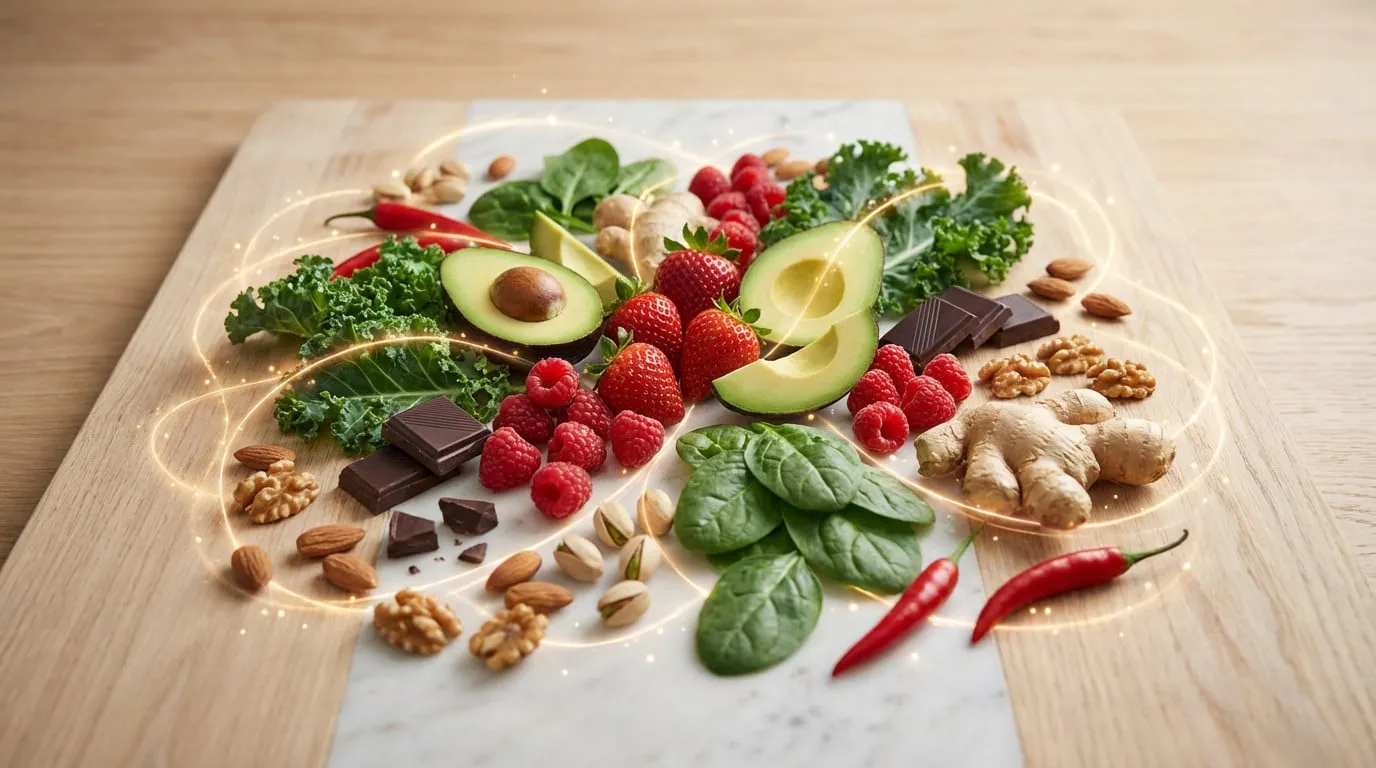 Avocats, fraises, framboises, gingembre, chocolat, noix, légumes verts, piments sur une planche, avec des lignes lumineuses.