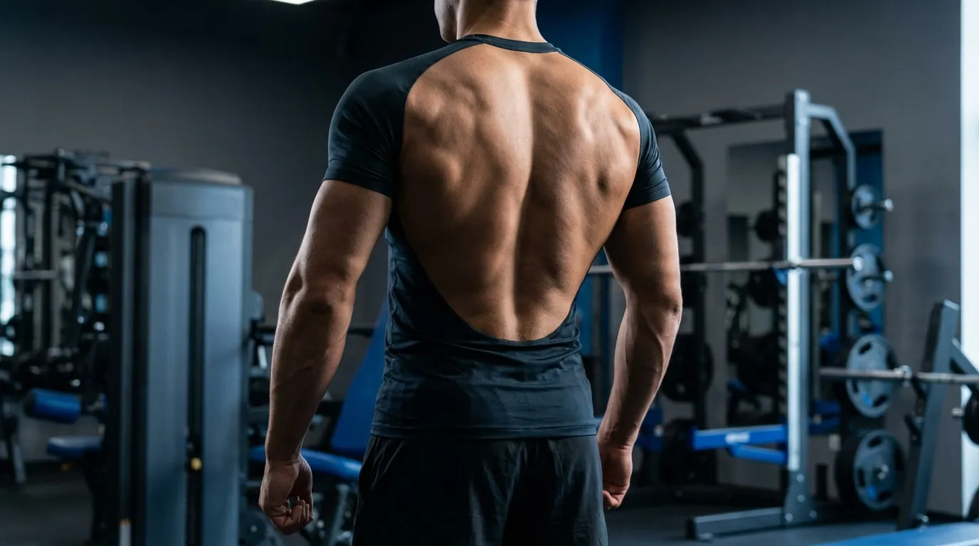 Vue de dos d'un homme très musclé dans un t-shirt échancré, affichant un dos large et défini en V dans une salle de sport.