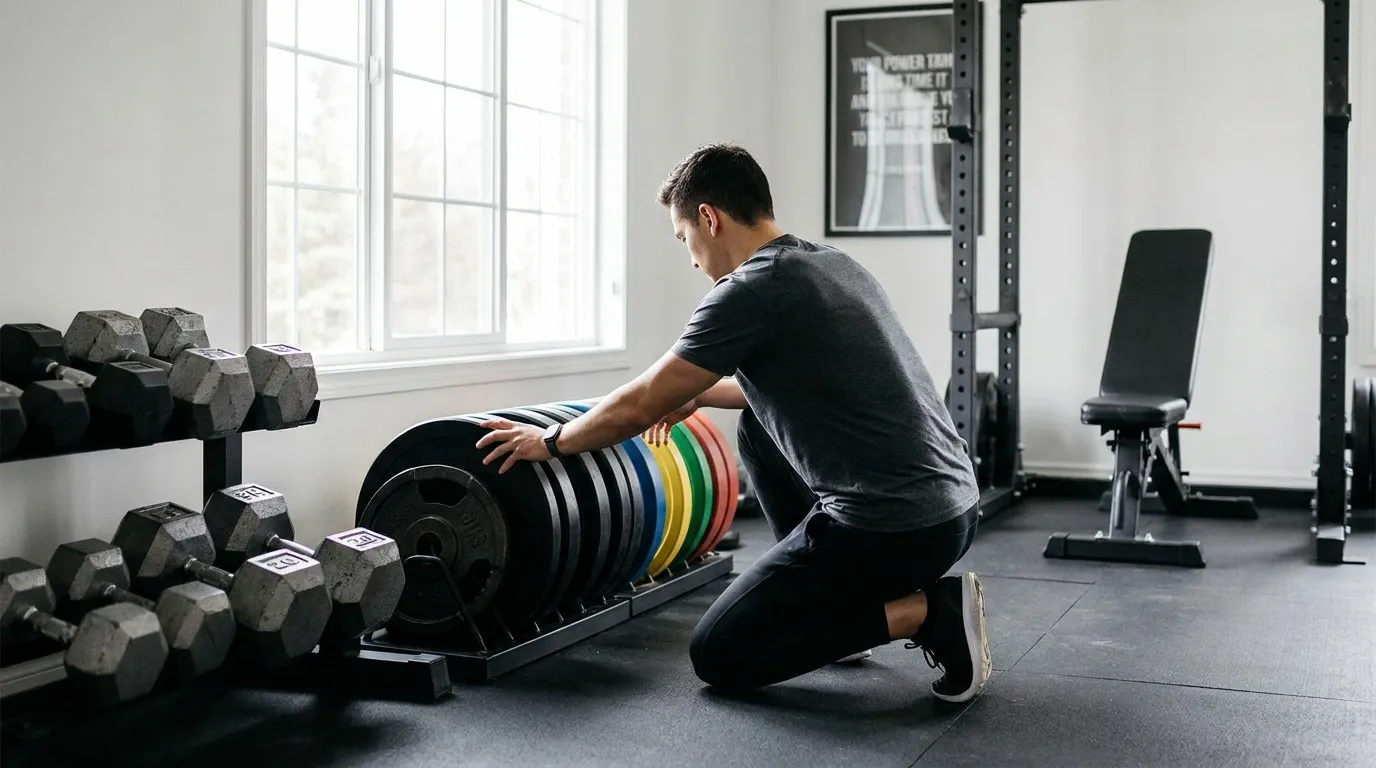 Un homme agenouillé dans une salle de sport choisissant des disques de poids colorés sur un support.