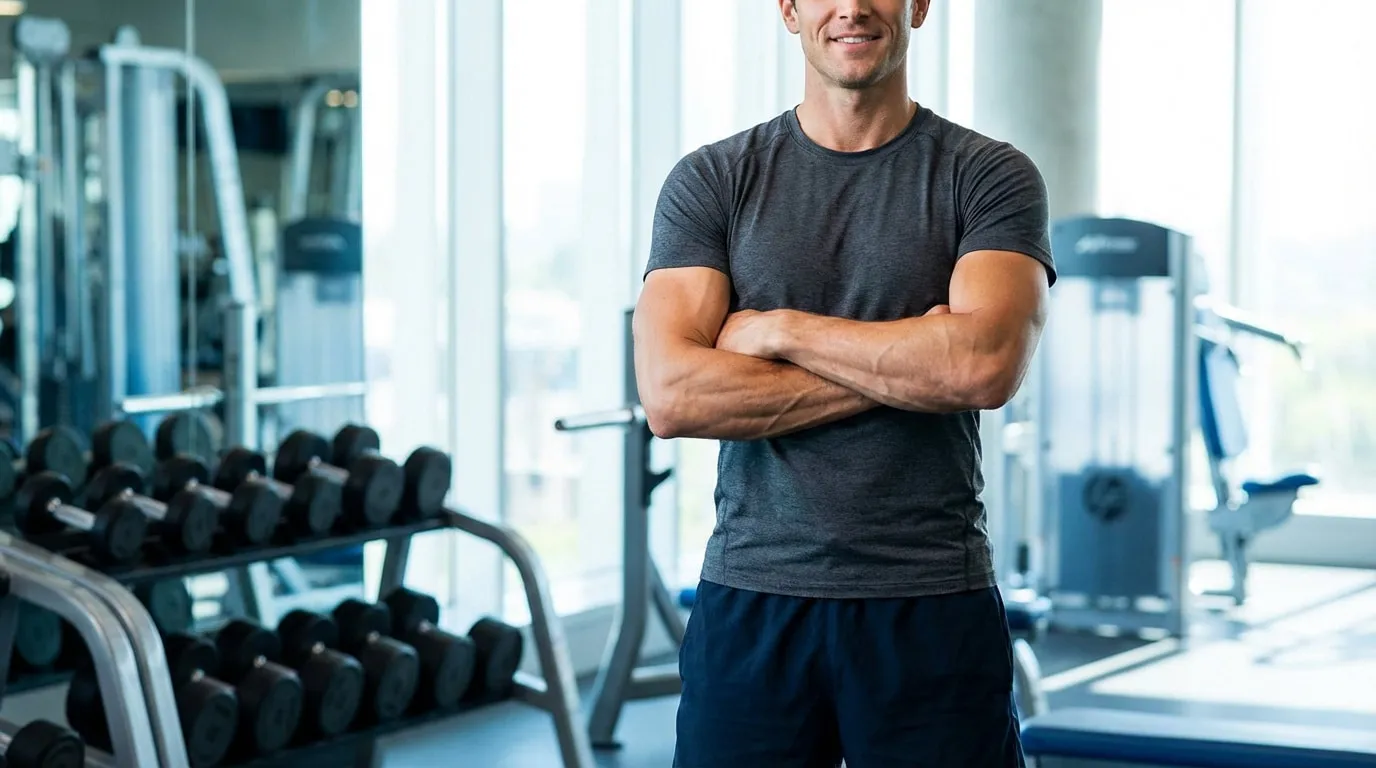 Homme musclé souriant, bras croisés, dans une salle de sport. Haltères et machines de musculation en arrière-plan.