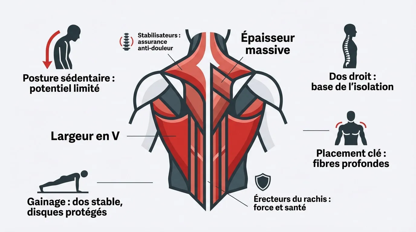 Schéma anatomique des muscles du dos montrant les grands dorsaux et les trapèzes