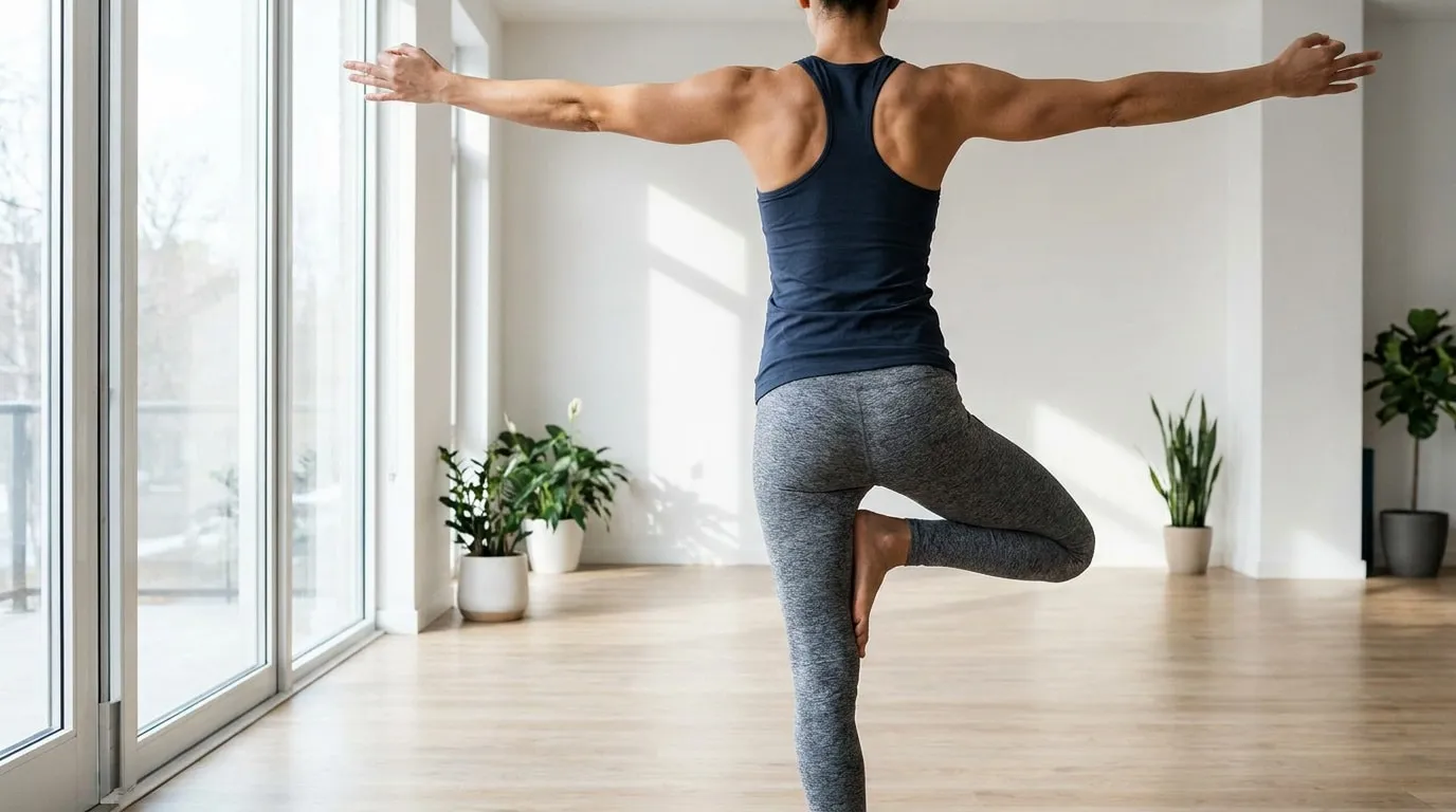 Femme athlétique en tenue de sport pratiquant la posture de l'arbre dans un studio lumineux et épuré.