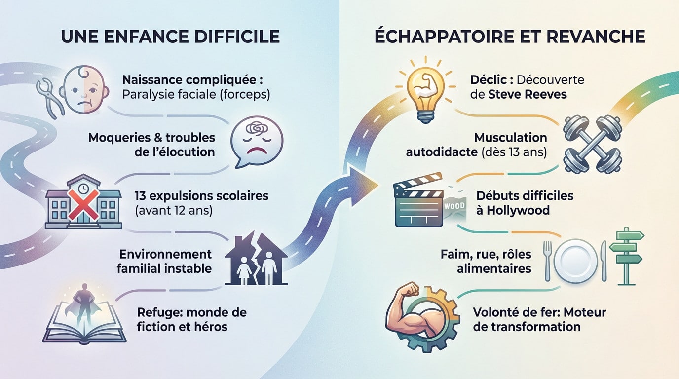 Infographie illustrant le parcours de Sylvester Stallone de son enfance difficile à sa réussite