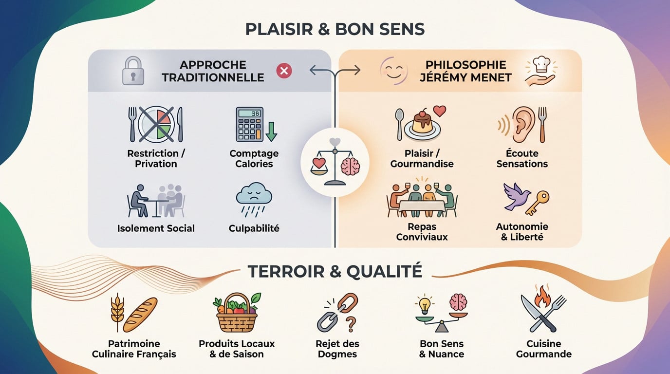 Infographie illustrant l'approche nutritionnelle de Jérémy Menet basée sur le plaisir et le bon sens