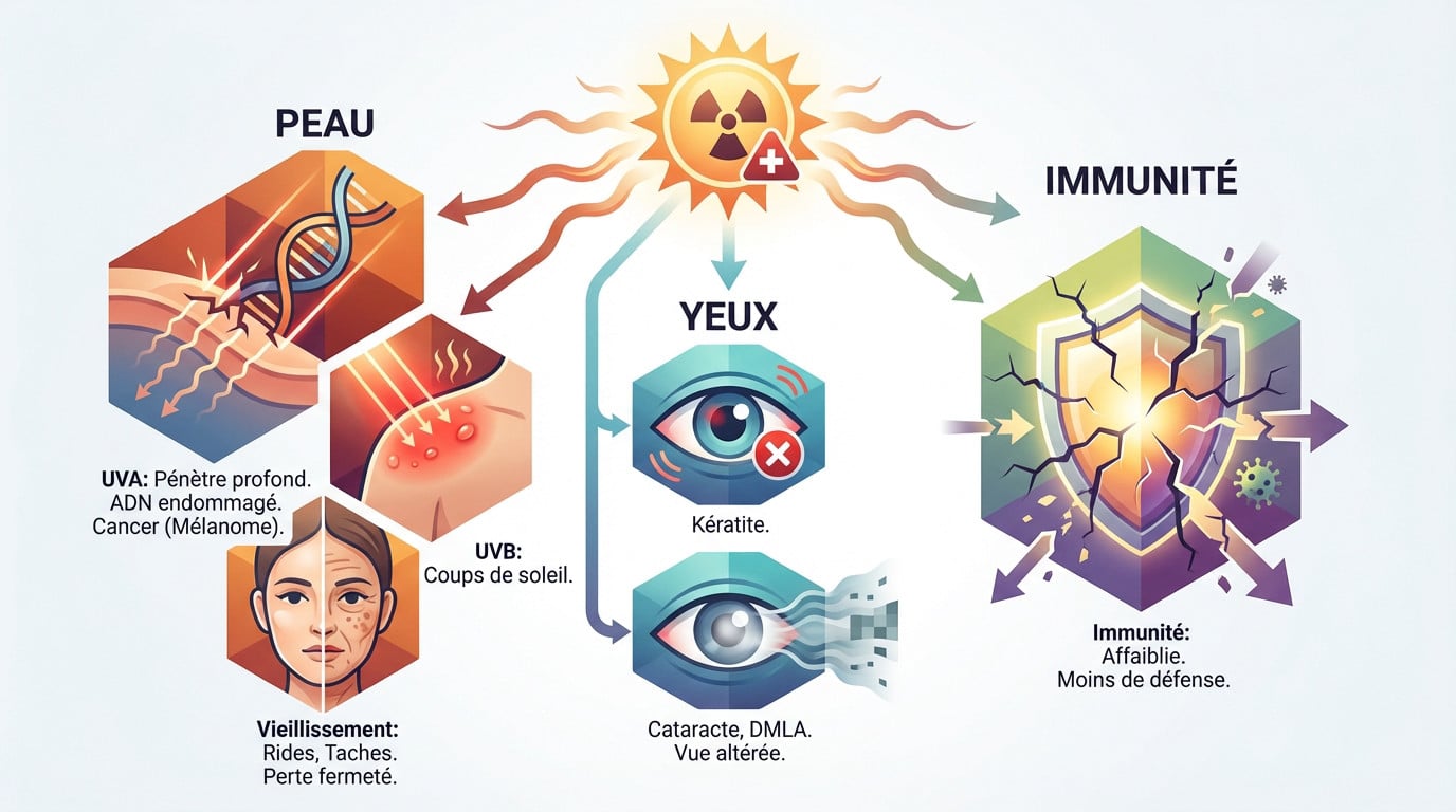 Illustration des dangers invisibles des rayons UV sur la peau, les yeux et le système immunitaire