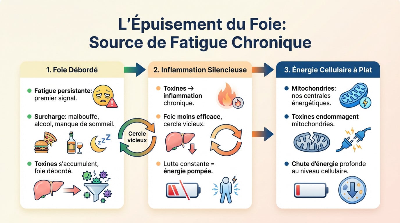 Illustration d'une personne ressentant une fatigue chronique liée au foie