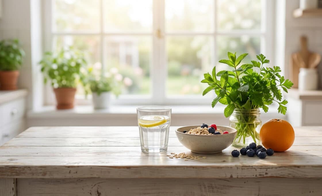 Scène de cuisine lumineuse : table en bois clair avec verre d'eau citronnée, herbes, bol de céréales aux baies et orange. Clés d'une digestion saine.