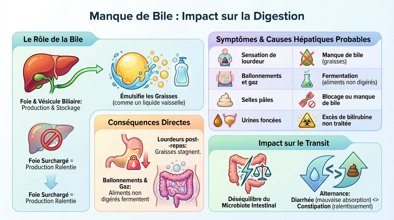 Schéma illustrant l'impact du manque de bile sur la digestion des graisses et les symptômes associés
