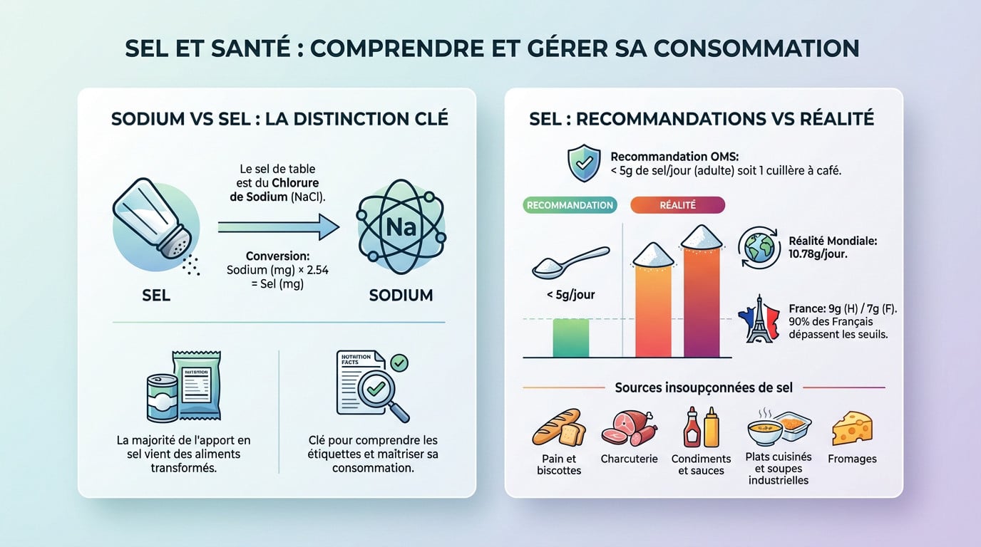 Illustration montrant la différence entre sel et sodium et des aliments riches en sel sur une table