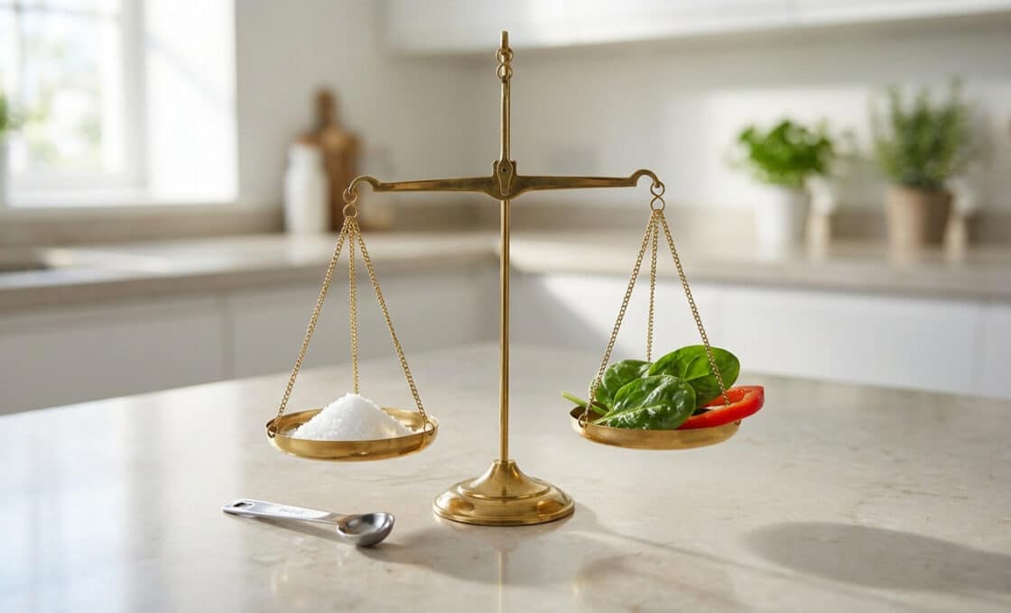 A brass balance scale shows a pile of white salt on one pan and fresh spinach and red bell pepper on the other. A measuring spoon rests on the clean kitchen counter.