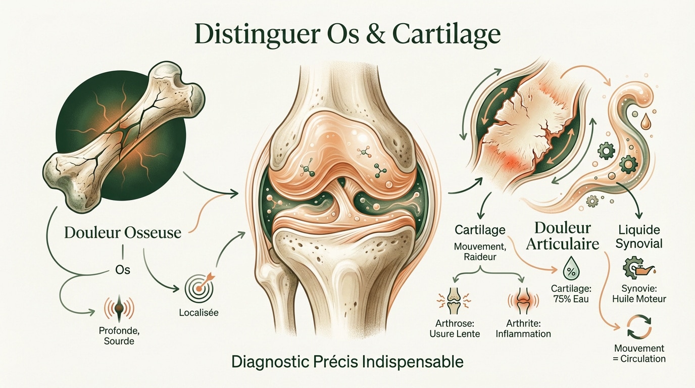 Schéma anatomique montrant la différence entre l'os et le cartilage articulaire
