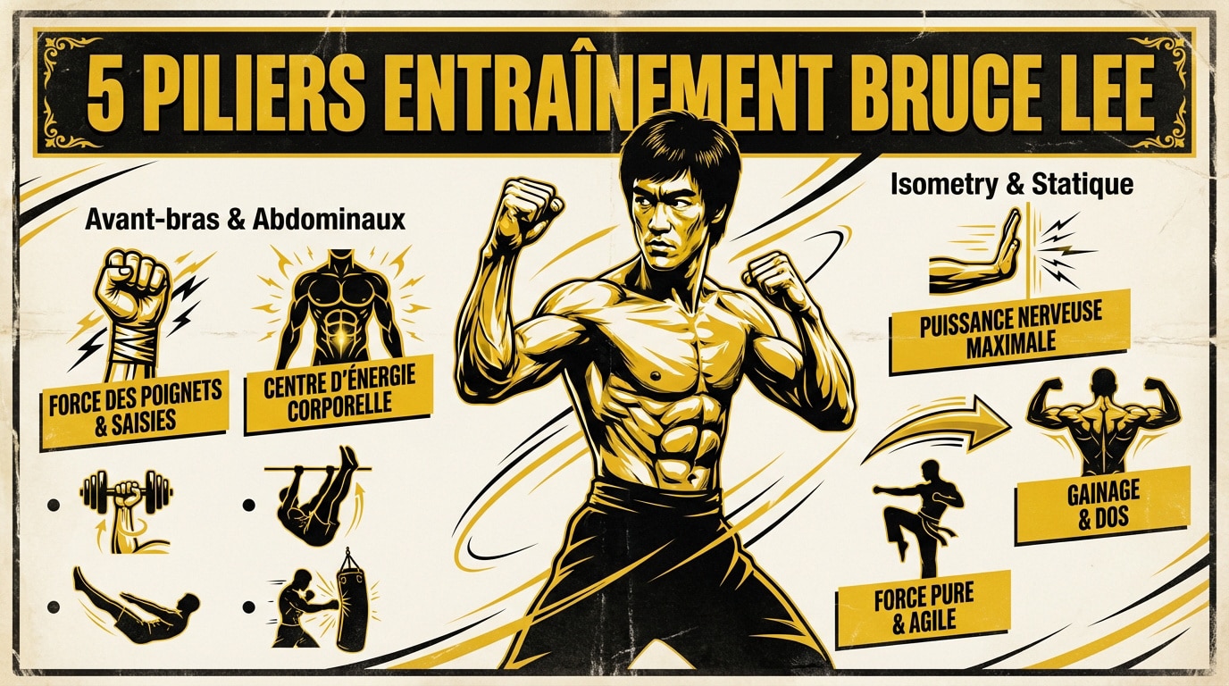 Bruce Lee en plein entraînement de musculation fonctionnelle