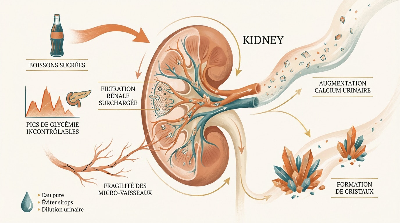 Schéma expliquant l'impact des boissons sucrées sur la formation des calculs rénaux