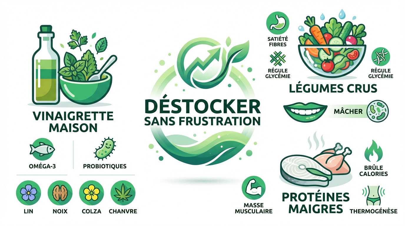 Assiette saine avec crudités et vinaigrette maison pour déstocker le ventre