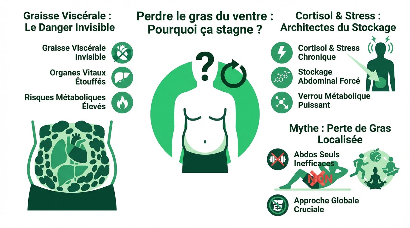 Illustration d'une personne analysant sa sangle abdominale pour comprendre la stagnation de la perte de poids