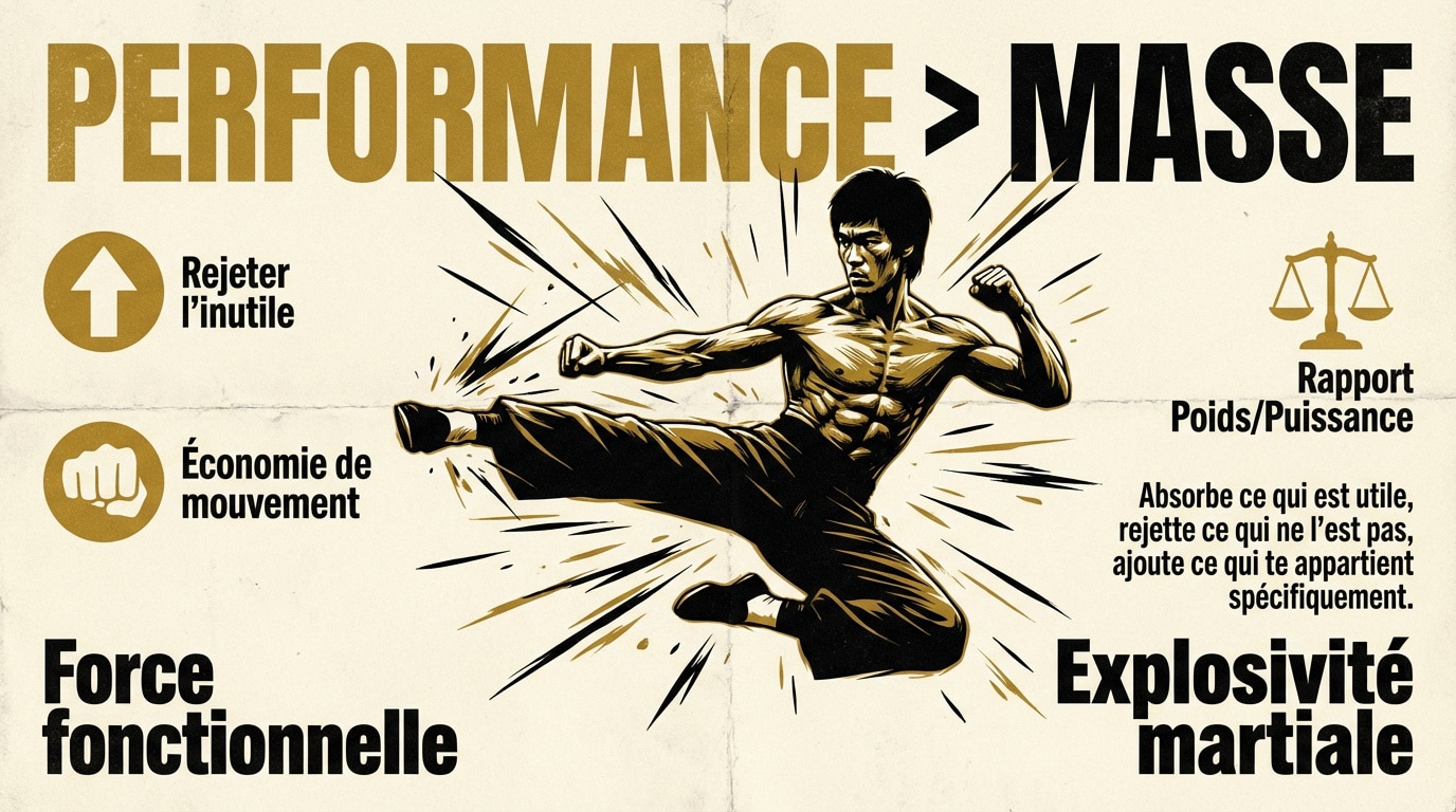 Bruce Lee démontrant sa force fonctionnelle et sa définition musculaire lors d'un entraînement