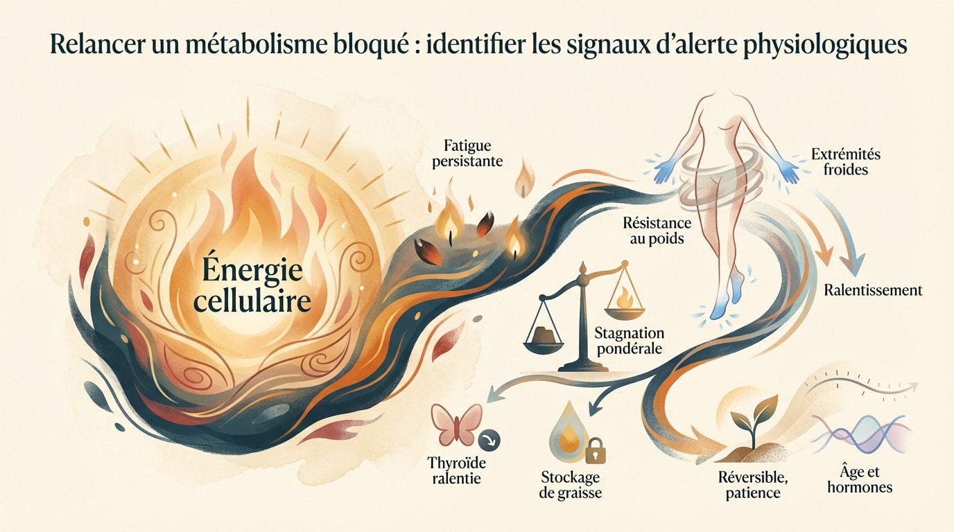 Illustration des signaux d'alerte d'un métabolisme ralenti comme la fatigue et la frilosité